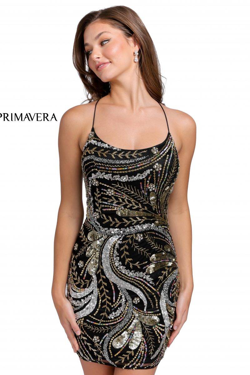 Sequin Scoop Neck Short Dress By Primavera Couture -3848