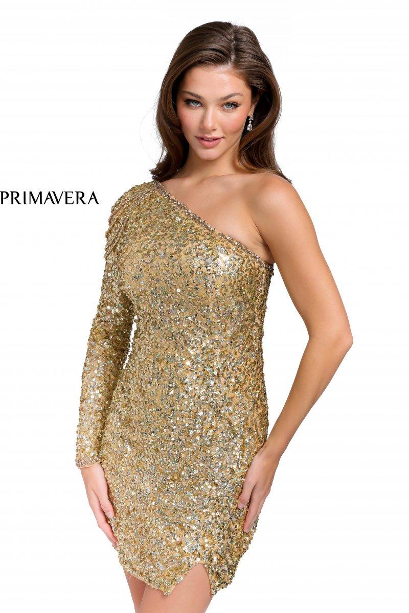 Single Sleeve Sequined Cocktail Dress By Primavera Couture -3853