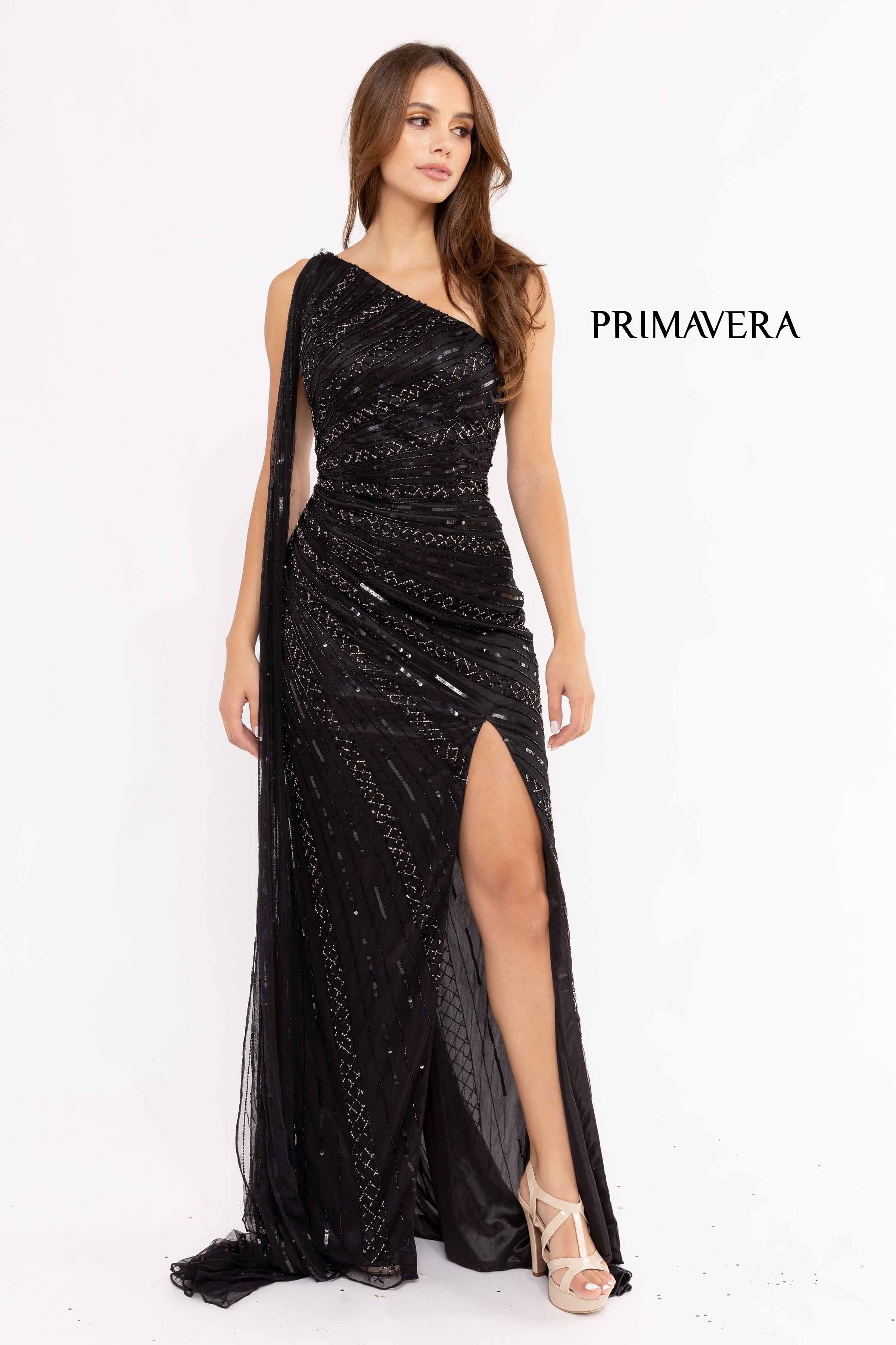 One Shoulder High Slit Gown By Primavera Couture -3956