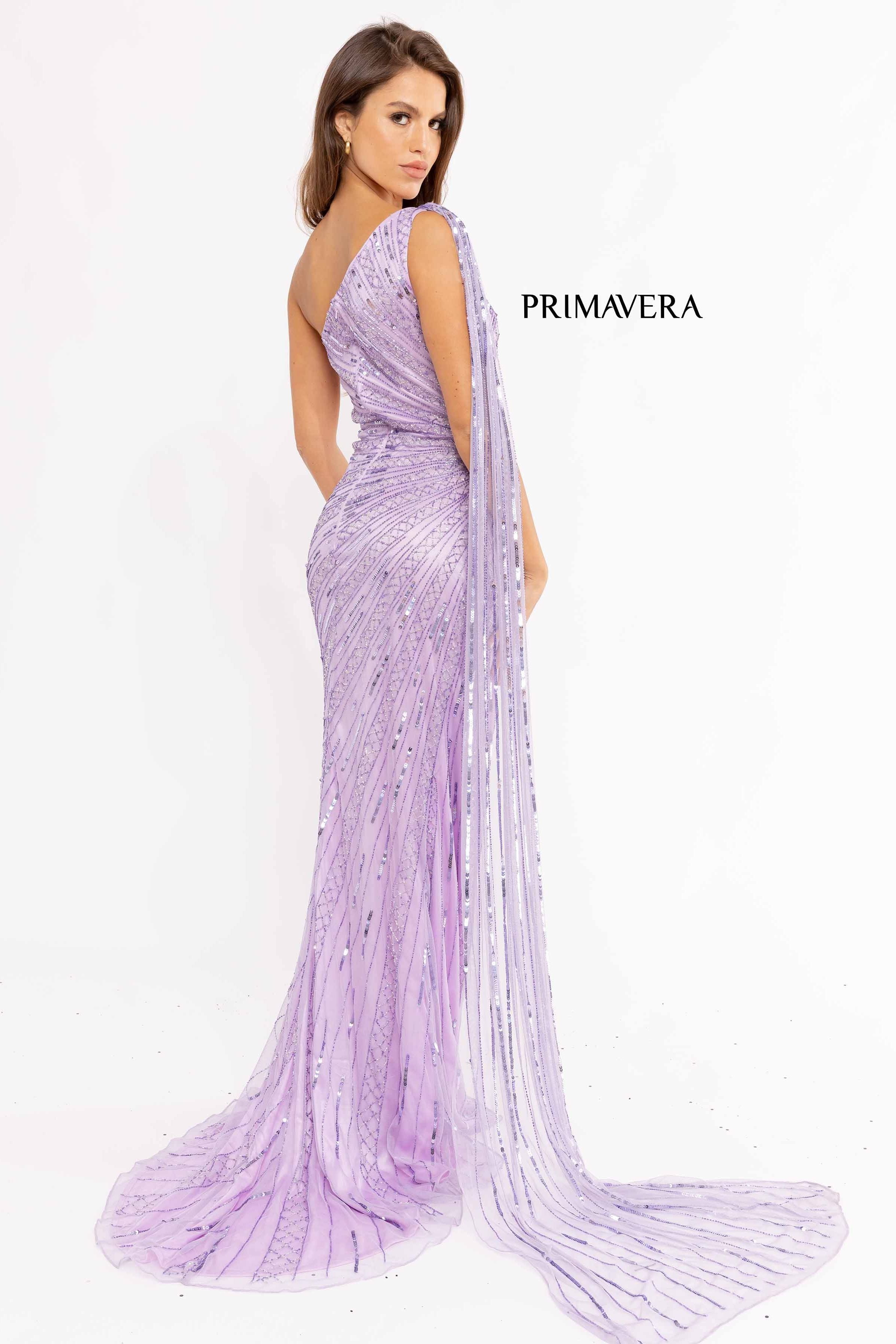 One Shoulder High Slit Gown By Primavera Couture -3956