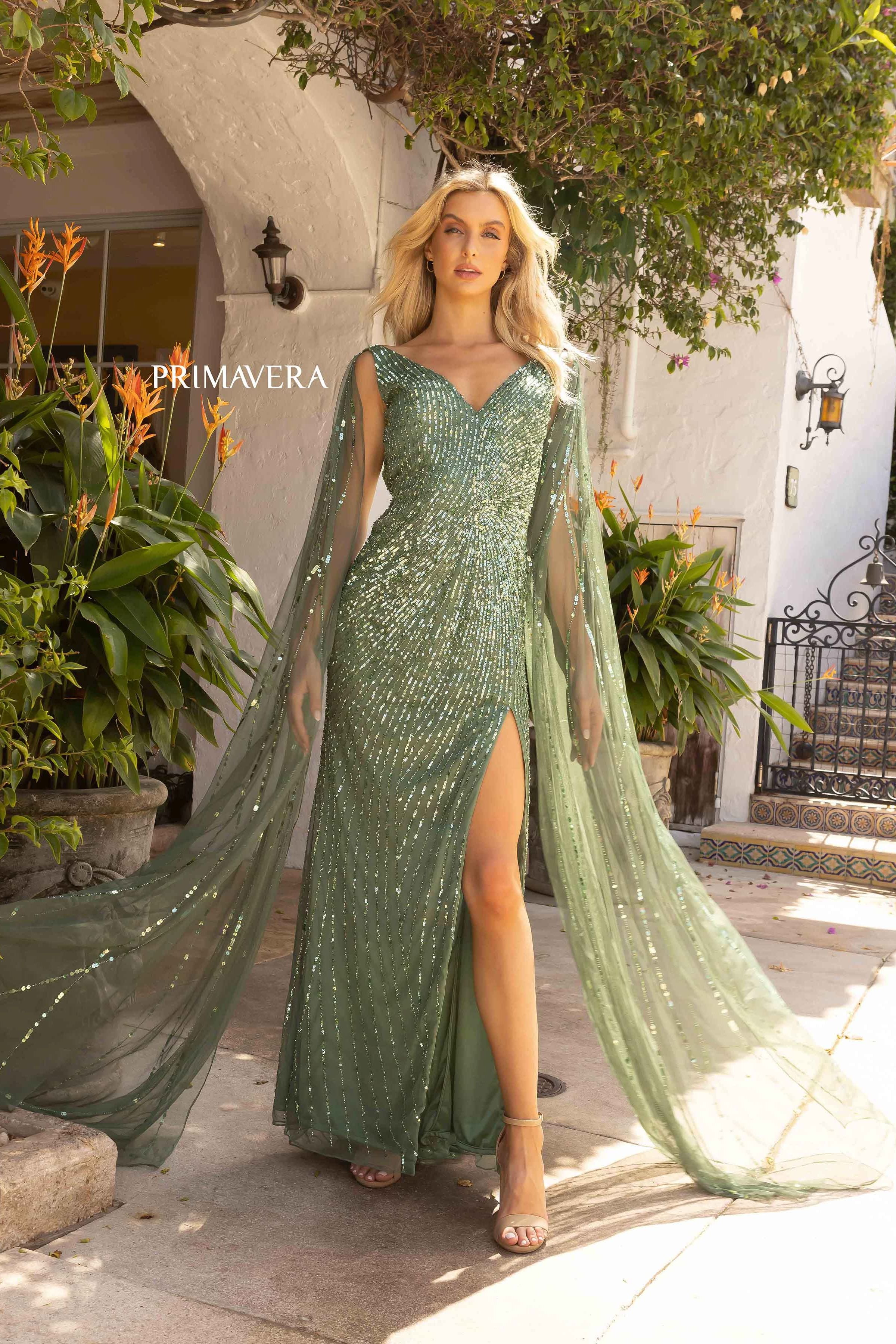 Sequined Prom Gown With Cape By Primavera Couture -3971