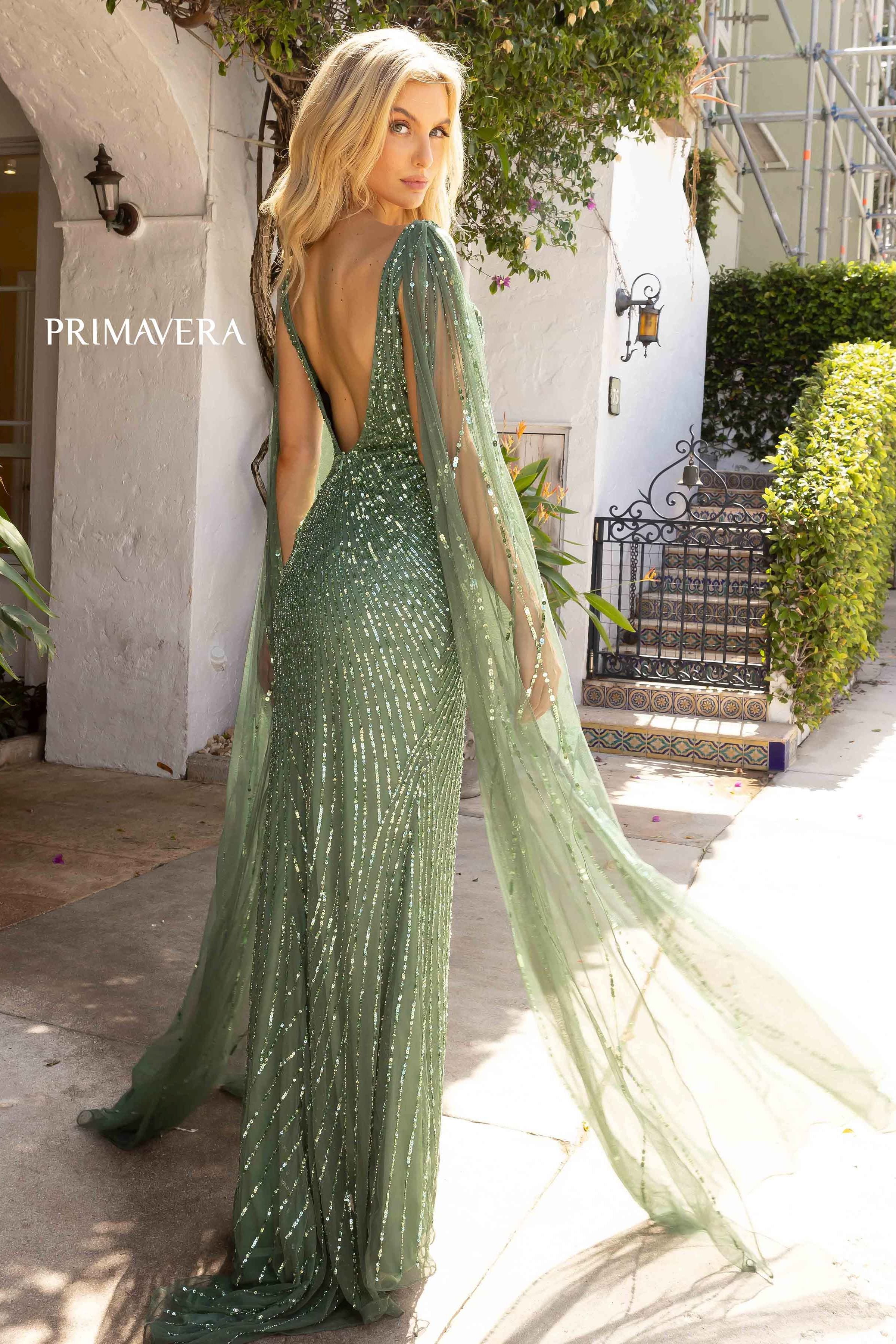 Sequined Prom Gown With Cape By Primavera Couture -3971