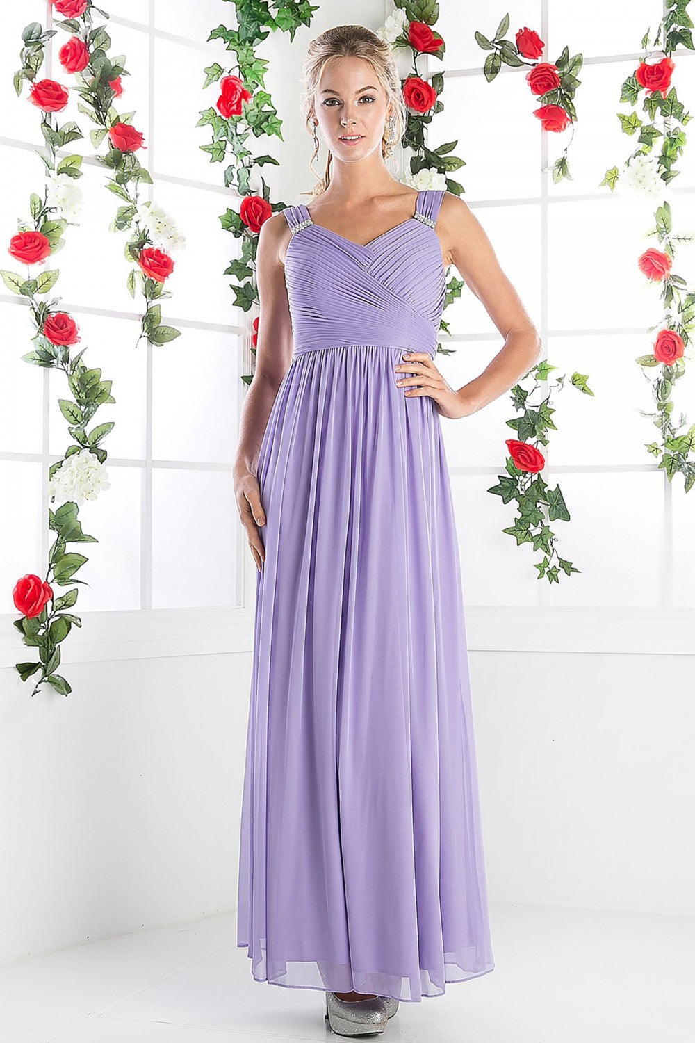 Ruched Long V-Neck Dress by 01 Cinderella Divine -3984