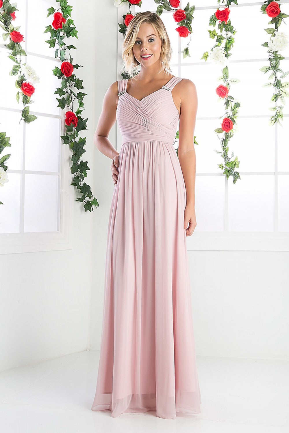 Ruched Long V-Neck Dress by 01 Cinderella Divine -3984