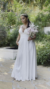 Plus Size White Satin V-Neck Gown by Cinderella Divine -7469WW
