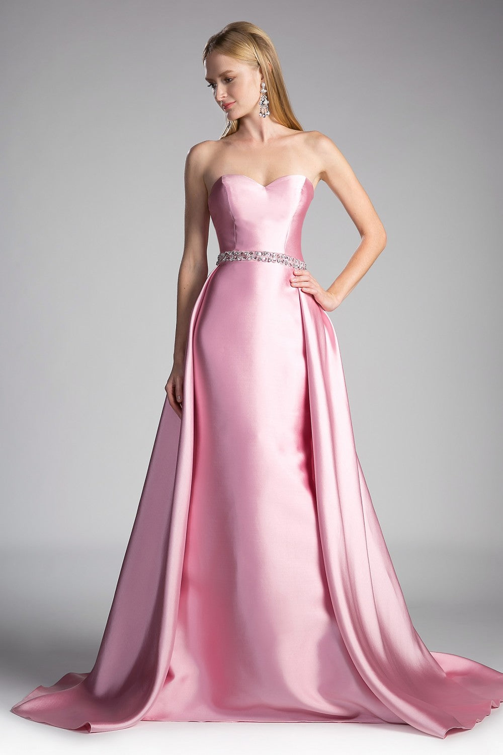 Strapless Mikado Fitted Gown With Overskirt And Beaded Belt by Cinderella Divine -455