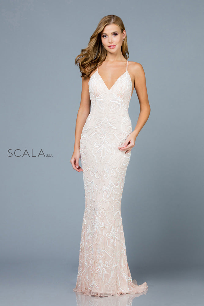 Plunging V Neck Sheath Dress By SCALA -48557
