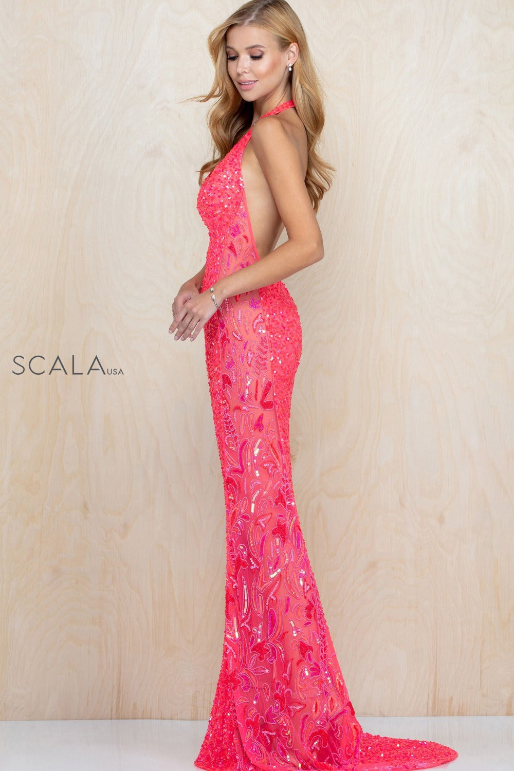 Halter V Neck Fully Sequined Dress By SCALA -48959
