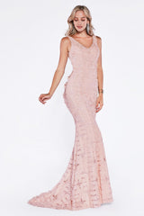 Fit And Flare Gown With Three Dimensional Floral Fabric And V-Neckline by Cinderella Divine -5032