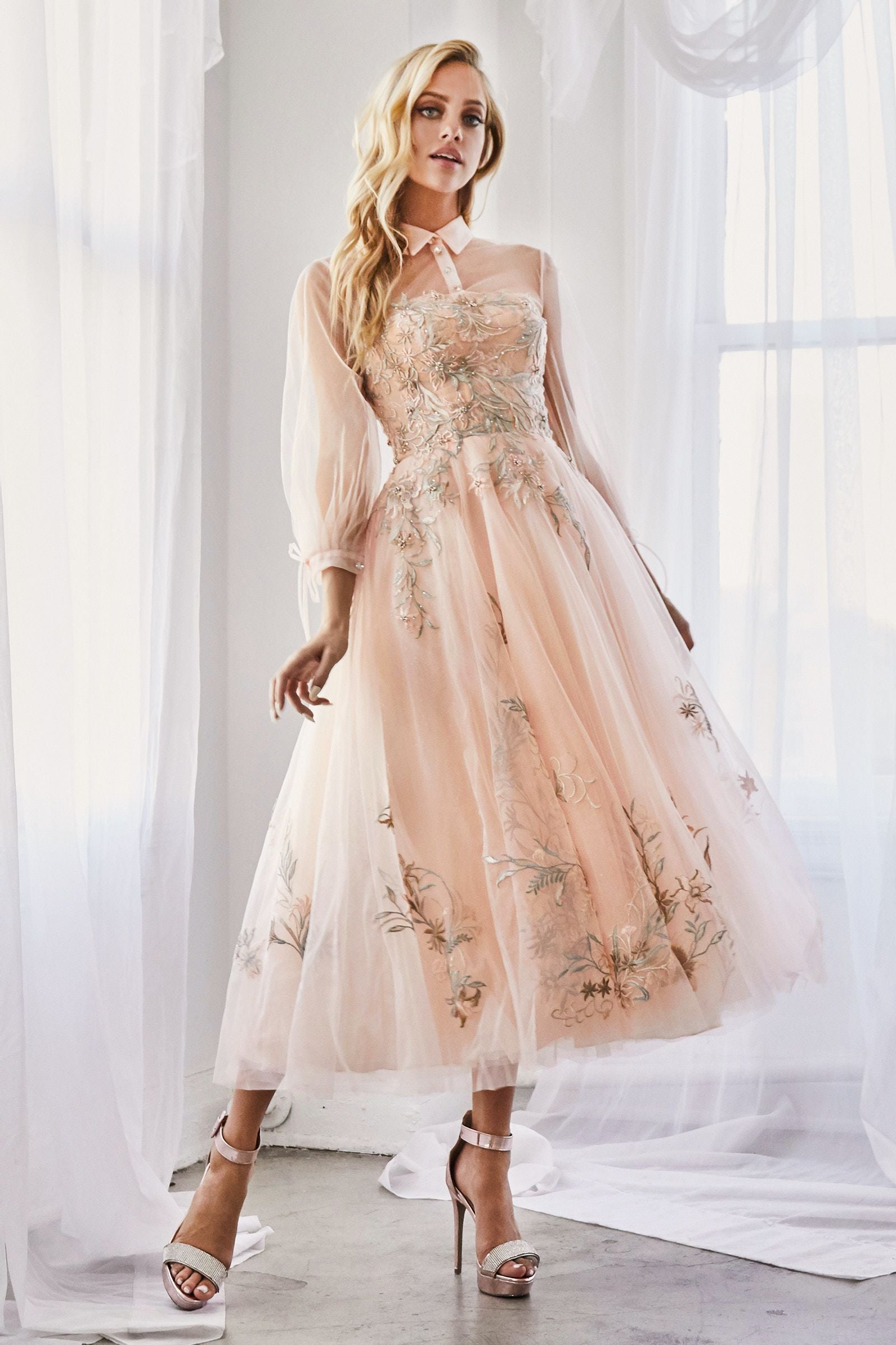MyFashion.com - LONG SLEEVE TULLE EMBROIDERED LACE COCKTAIL GOWN WITH COLLAR AND BUTTON DETAILS. BACK ZIPPER AND BUTTON CLOSURE, NO STRETCH.(A0862) - Andrea&Leo promdress eveningdress fashion partydress weddingdress 
 gown homecoming promgown weddinggown 