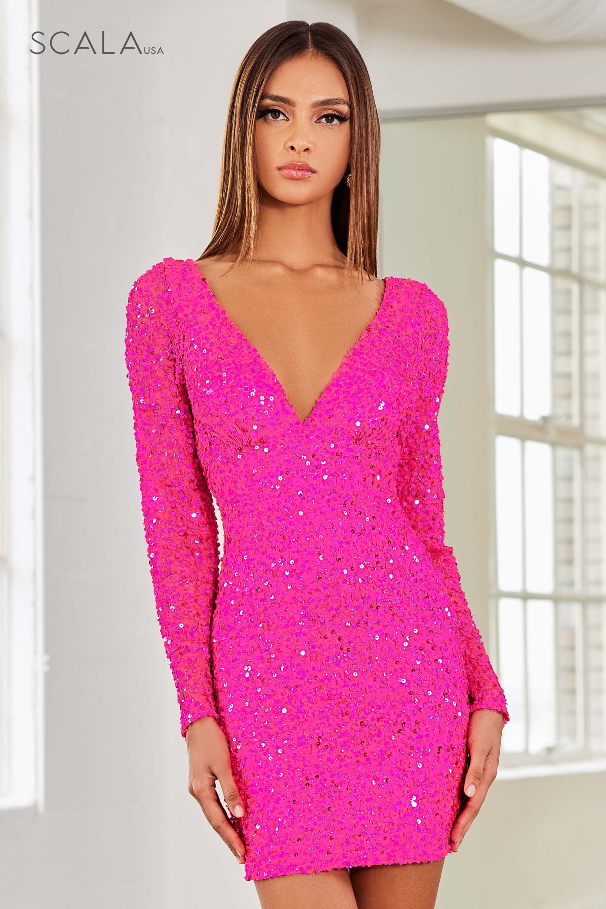 V Neck Fully Sequin Fitted Short Dress By SCALA -60036