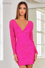 V Neck Fully Sequin Fitted Short Dress By SCALA -60036
