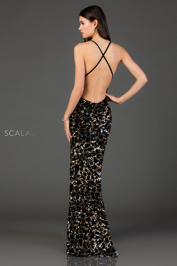 Sequined Plunging V Neck Sheath Dress By SCALA -60073