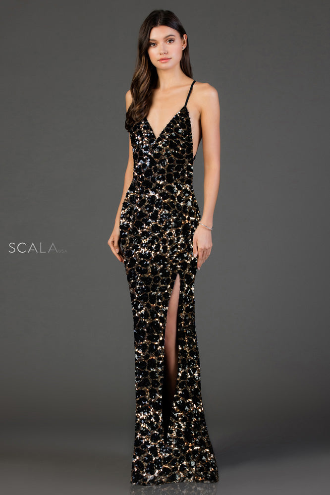 Sequined Plunging V Neck Sheath Dress By SCALA -60073