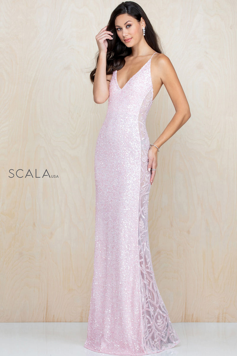 V Neck Sequined Fitted Long Dress By SCALA -60096