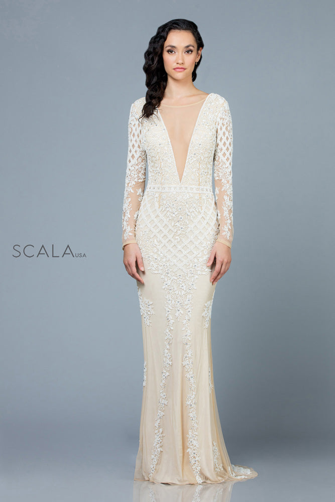 Beaded Illusion Long Dress By SCALA -60175