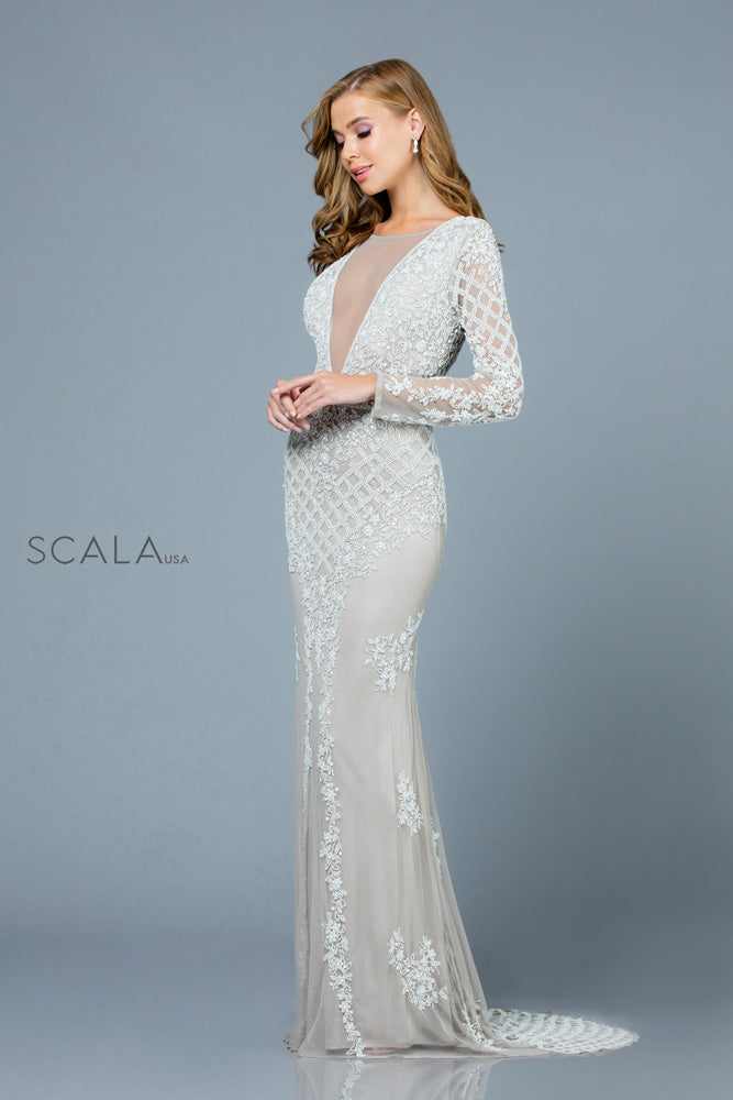 Beaded Illusion Long Dress By SCALA -60175