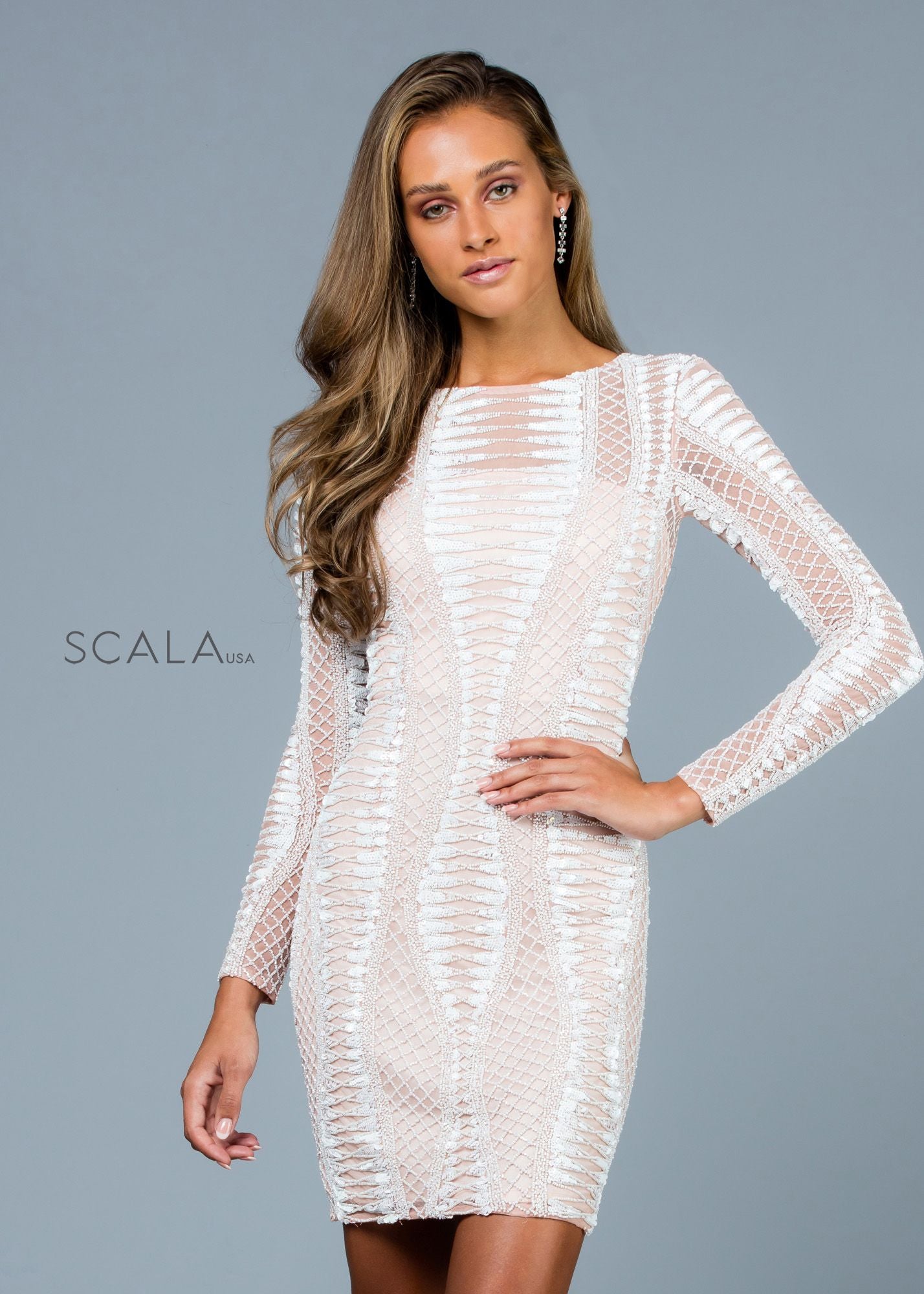 Short Embellished Long Sleeve Fitted Dress By SCALA -60185