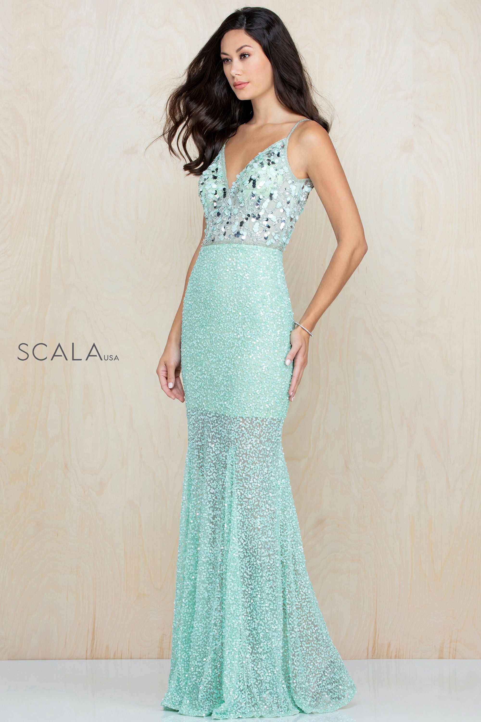 V Neck Beaded Trumpet Dress By SCALA -60217