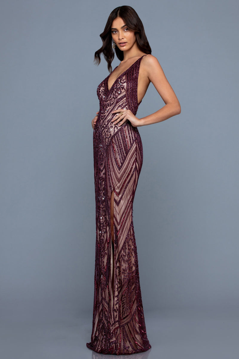 Beaded V Neck Sheath Dress By SCALA -60242