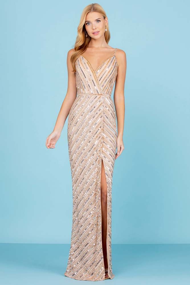 Sleeveless Sequin V Neck Gown By Scala -60258