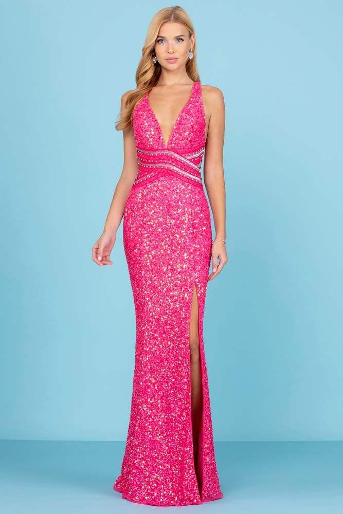 V Neck Sequin High Slit Gown By SCALA -60301