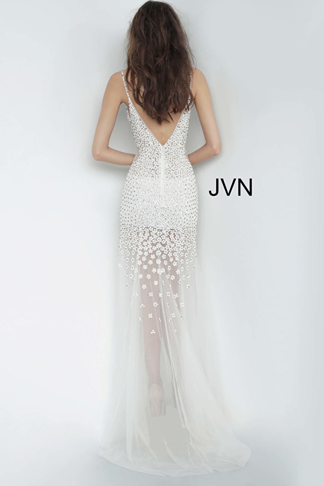 Beaded Plunging V-Neck Tulle Trumpet Dress By Jovani -60695