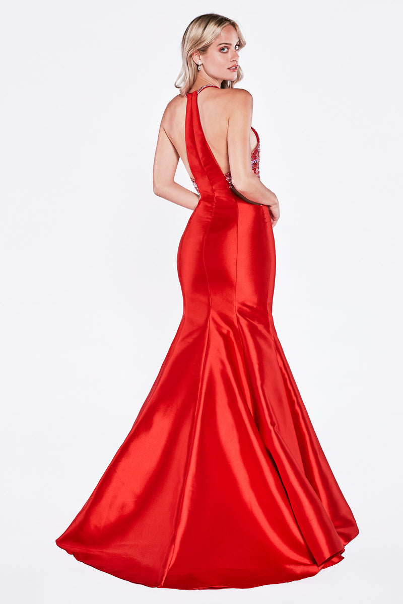 Fitted Mermaid Mikado Gown With Beaded Halter Neckline And Waist Cut Out by Cinderella Divine -61894