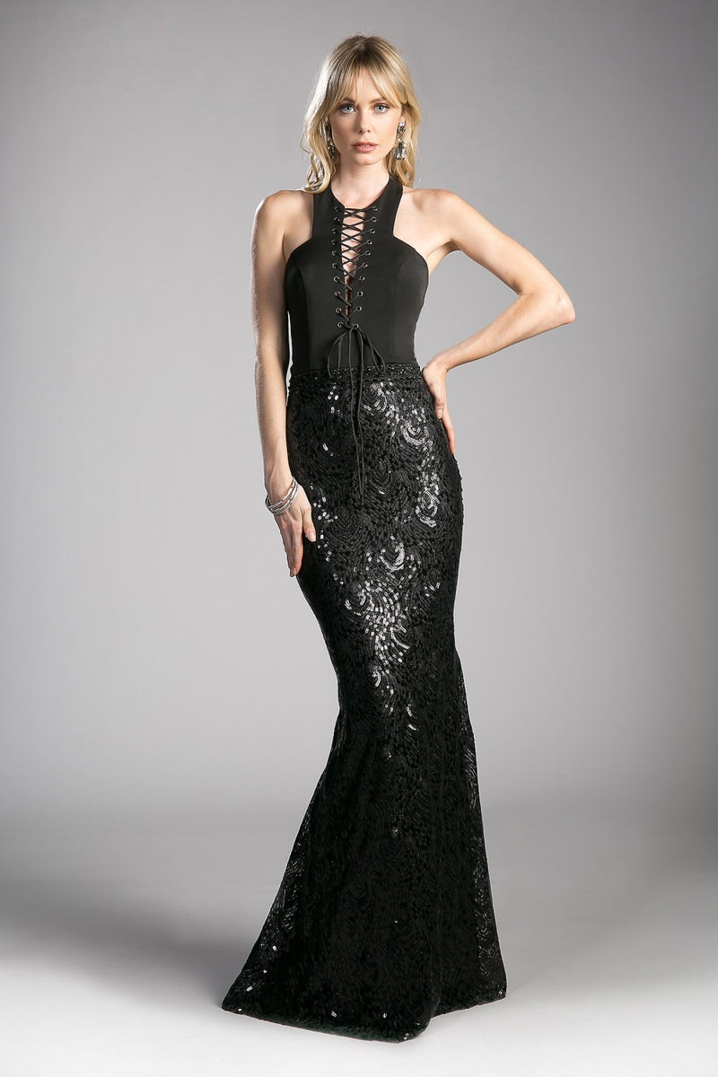 Fitted Sequin Gown Qith Halter Neckline And Lace Up Cut Out by Cinderella Divine -62495