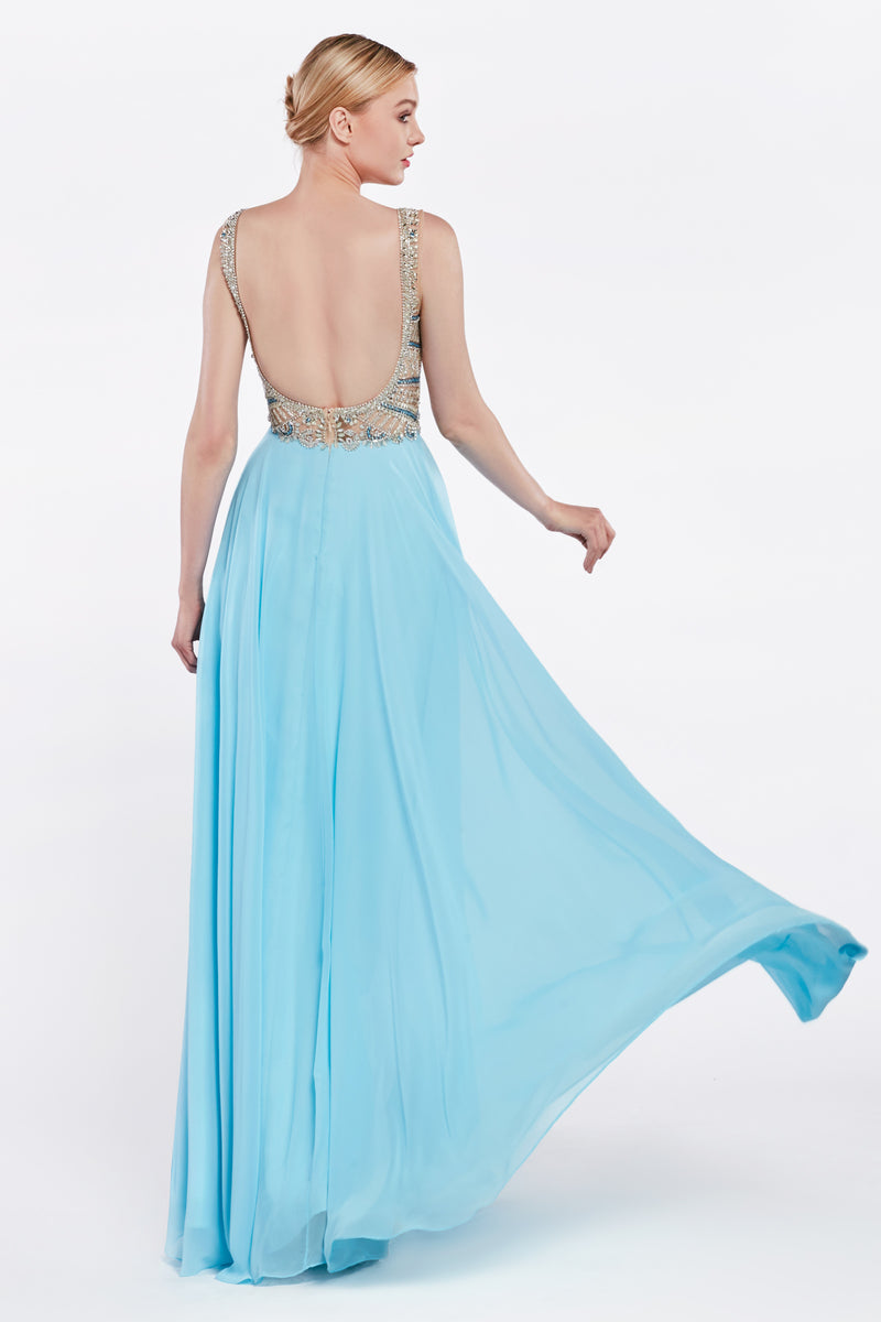 A-Line Chiffon Dress With Embellished Top And Open Back by Cinderella Divine -71190