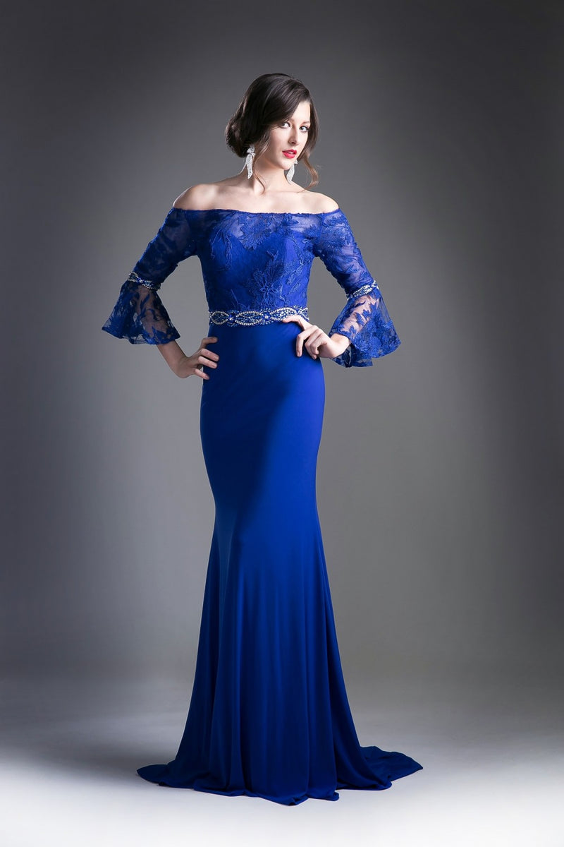 Beaded Belt Lace Bodice Stretch Knit Sheath Dress by Cinderella Divine -71241