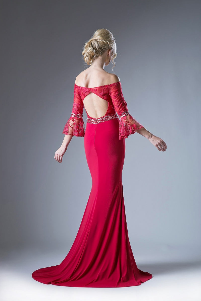 Beaded Belt Lace Bodice Stretch Knit Sheath Dress by Cinderella Divine -71241