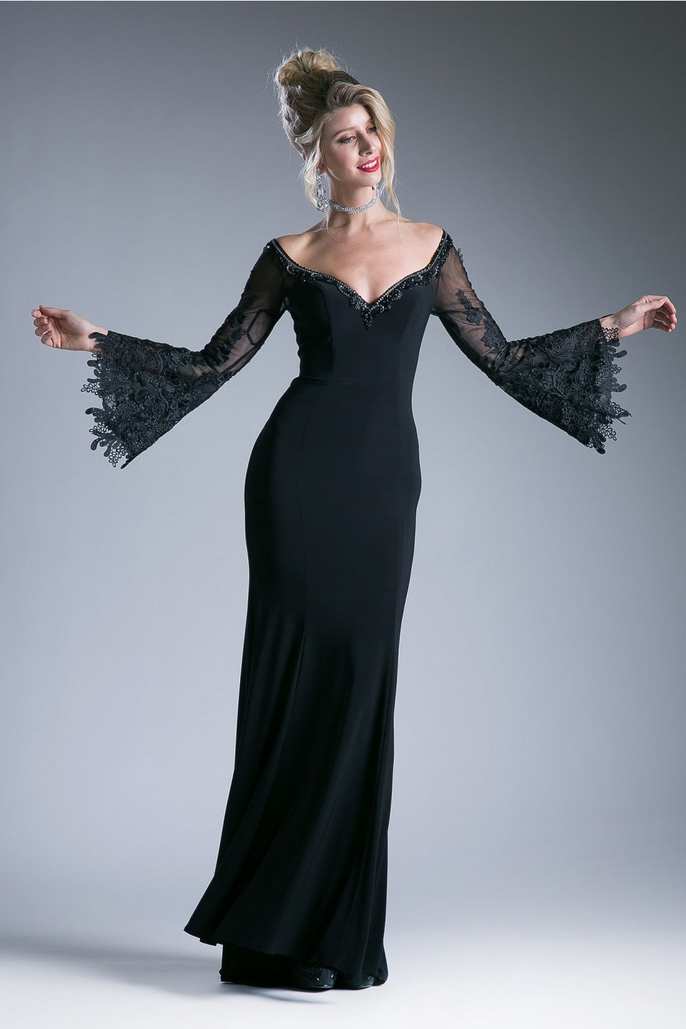 Fitted Stretch Jersey Dress With Lace Bell Sleeves And Open Keyhole Back by Cinderella Divine -71272