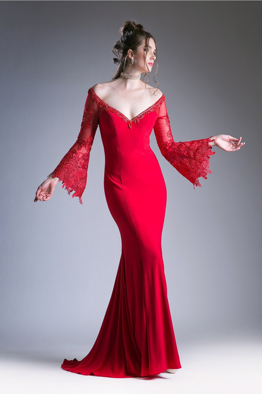 Fitted Stretch Jersey Dress With Lace Bell Sleeves And Open Keyhole Back by Cinderella Divine -71272