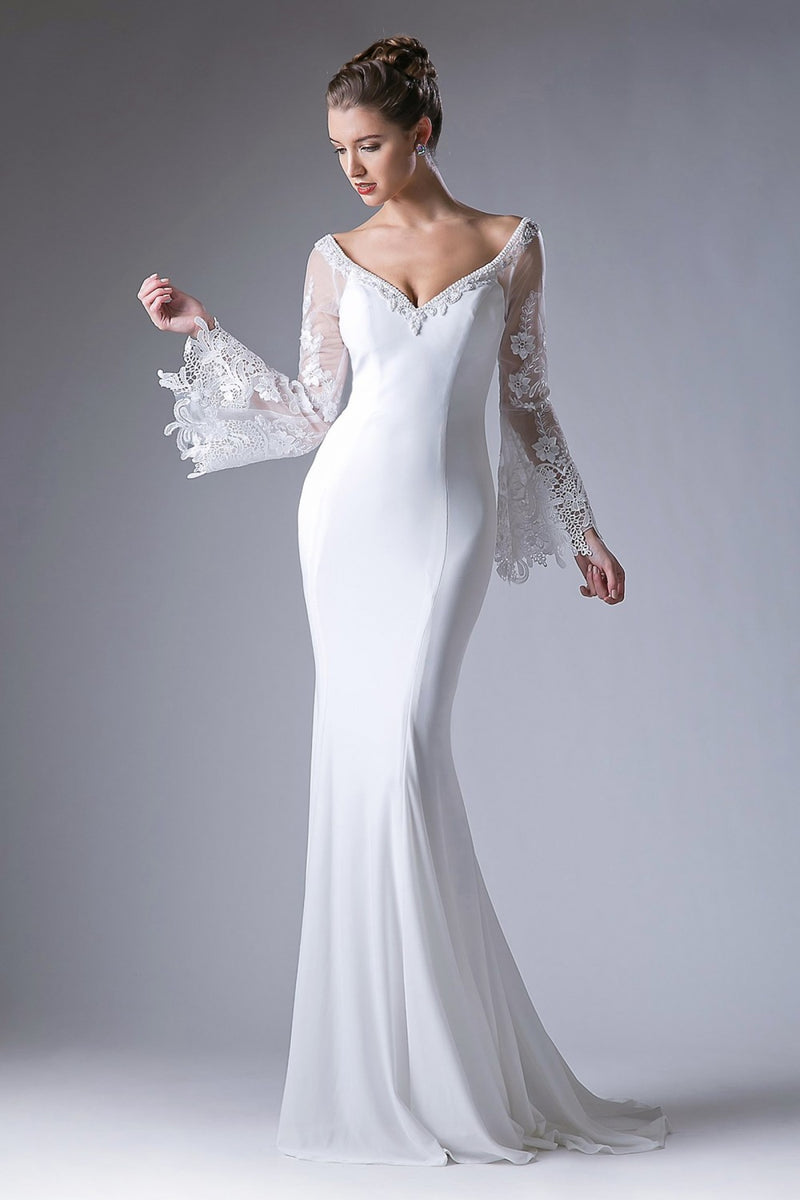 Fitted Stretch Jersey Dress With Lace Bell Sleeves And Open Keyhole Back by Cinderella Divine -71272