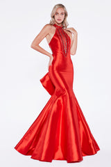 Fitted Mermaid Mikado Gown With Beaded Halter Neckline And Razorback by Cinderella Divine -72046