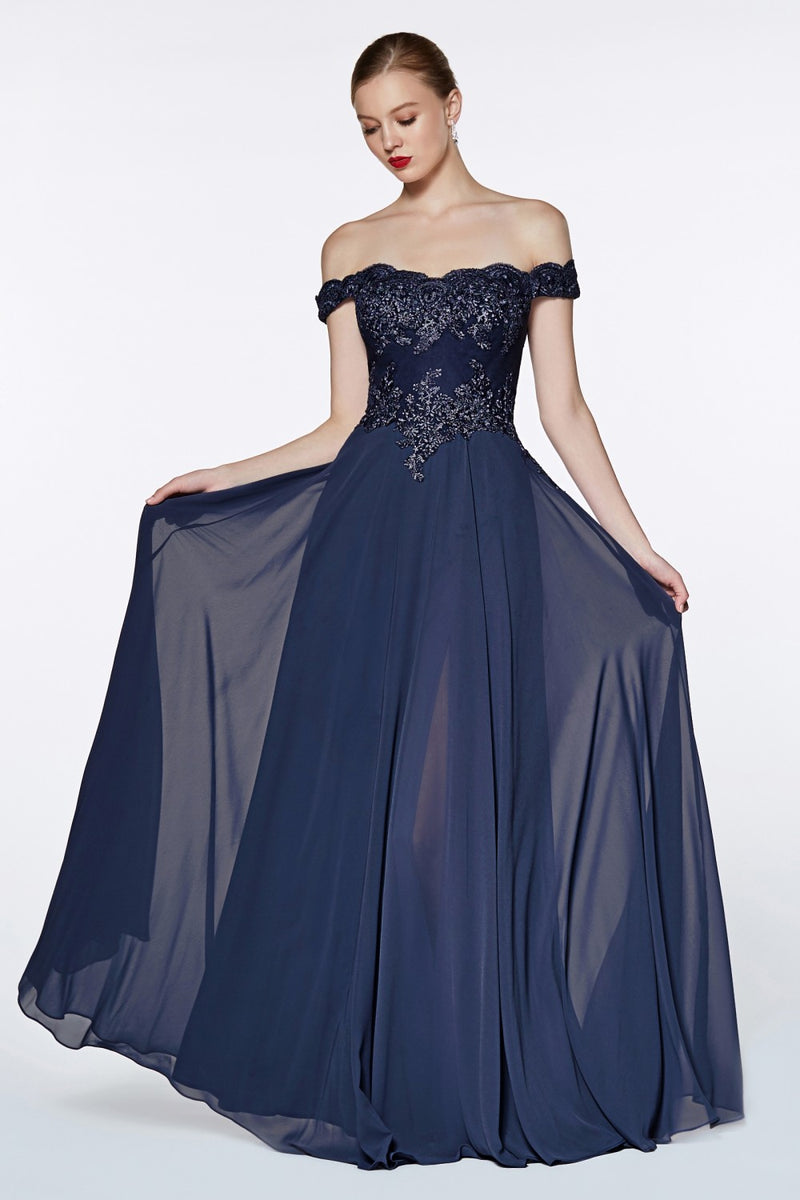 MyFashion.com - Off the shoulder lace bodice gown with flowy chiffon bottom and leg slit in lining.(7258) - Cinderella Divine promdress eveningdress fashion partydress weddingdress 
 gown homecoming promgown weddinggown 