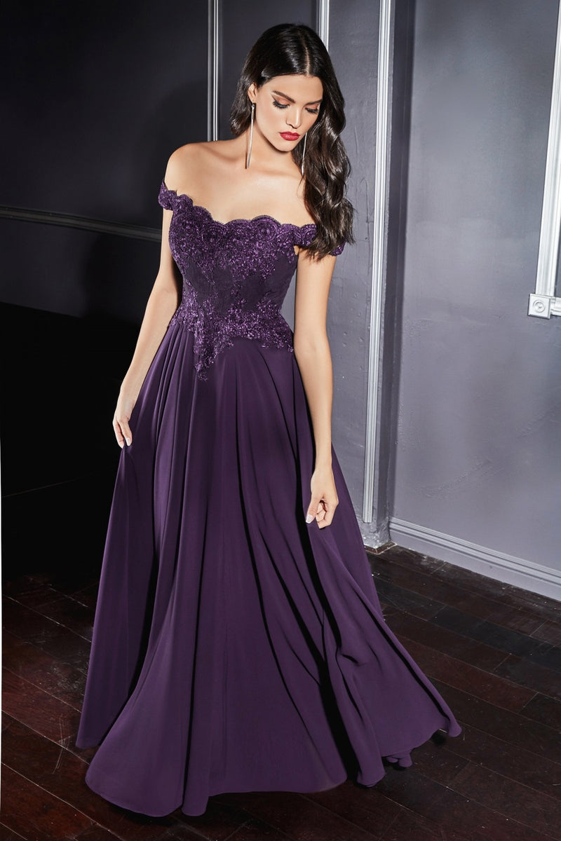 Off The Shoulder Lace Bodice Gown With Flowy Chiffon Bottom And Leg Slit In Lining by Cinderella Divine -7258
