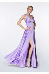 Satin Flowy A-Line Dress With Leg Slit, Open Back And V-Neckline_02 by Cinderella Divine -7469