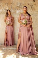 Satin Flowy A-Line Dress With Leg Slit, Open Back And V-Neckline_01 by Cinderella Divine -7469