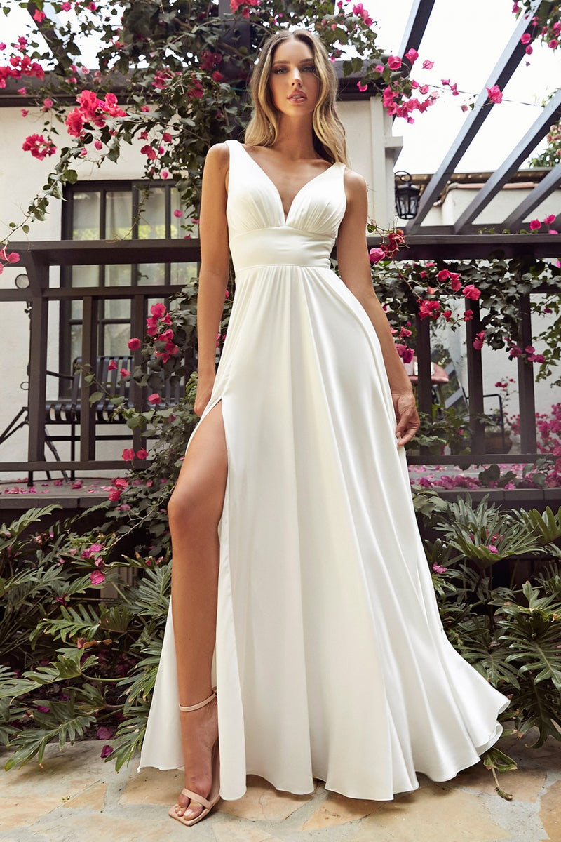 White Long Satin V-Neck Dress By Cinderella Divine -7469W