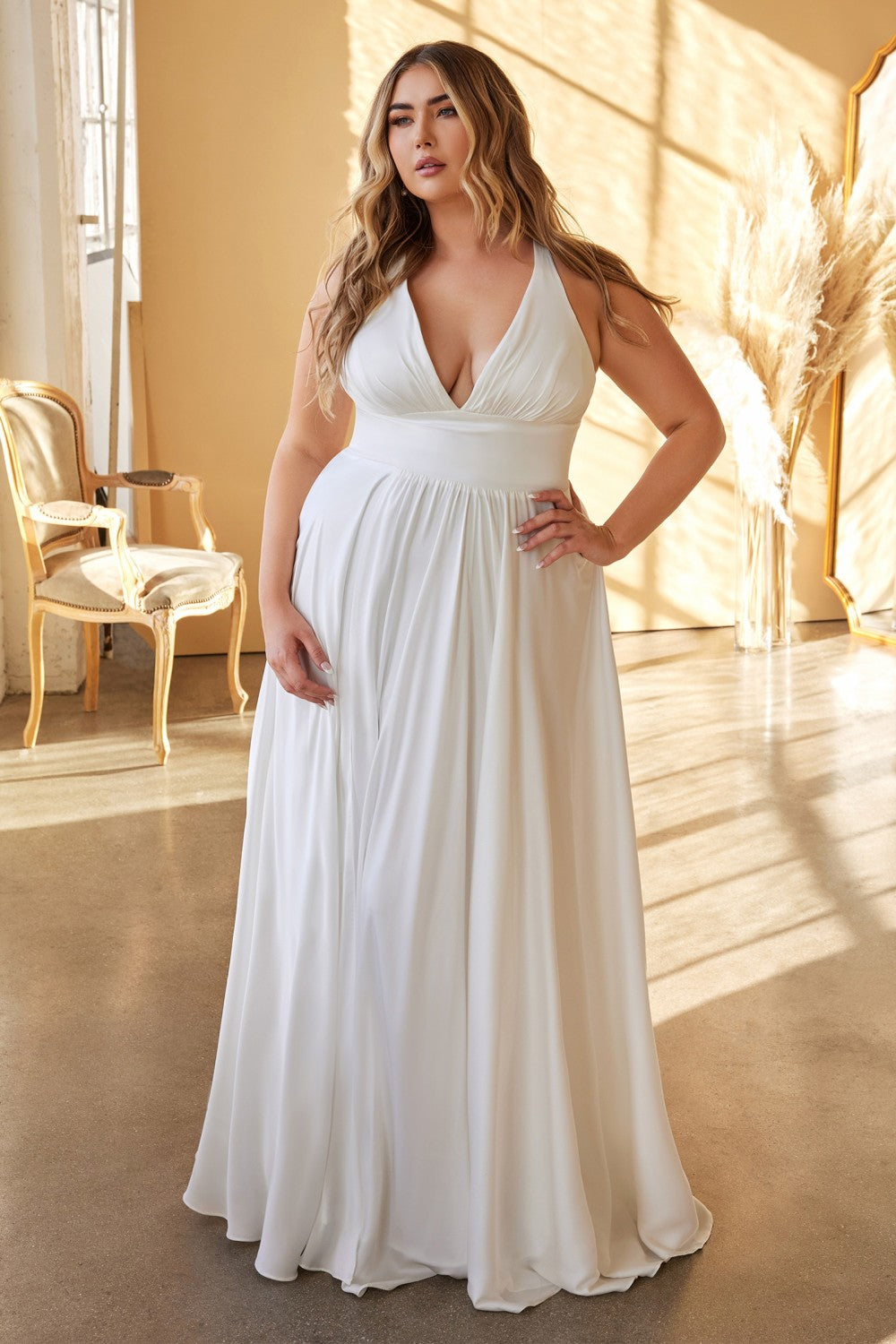 Plus Size White Satin V-Neck Gown by Cinderella Divine -7469WW