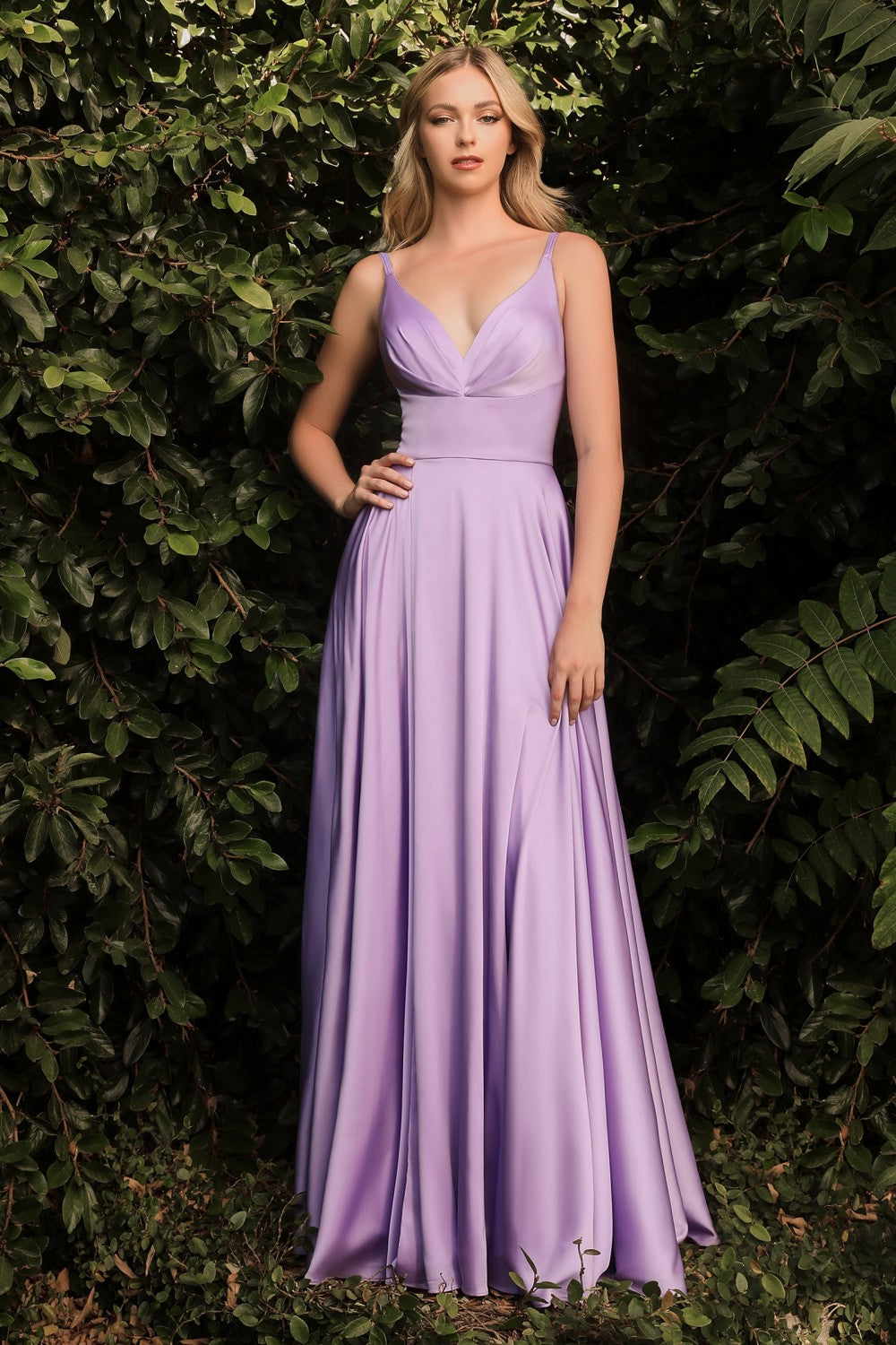 A-Line Satin Gown With Pleated Bodice And High Wrap Slit by Cinderella Divine -7472