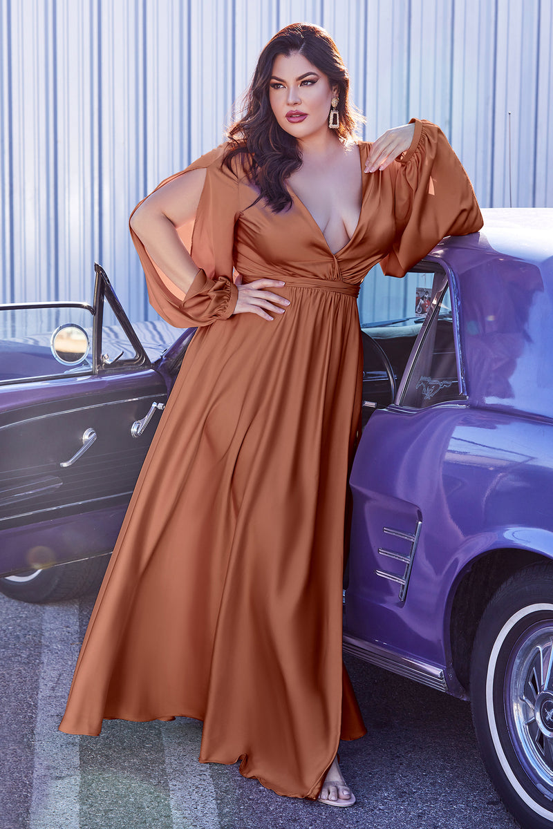Curve Satin Long Sleeve Gown by Cinderella Divine -7475C