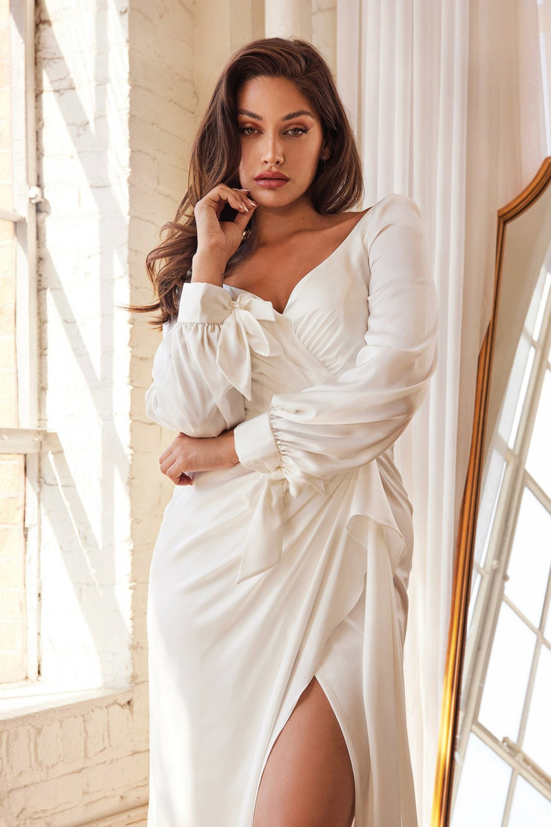 Long Sleeve Satin Bridal Gown By Cinderella Divine -7478W