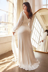Long Sleeve Satin Bridal Gown By Cinderella Divine -7478W