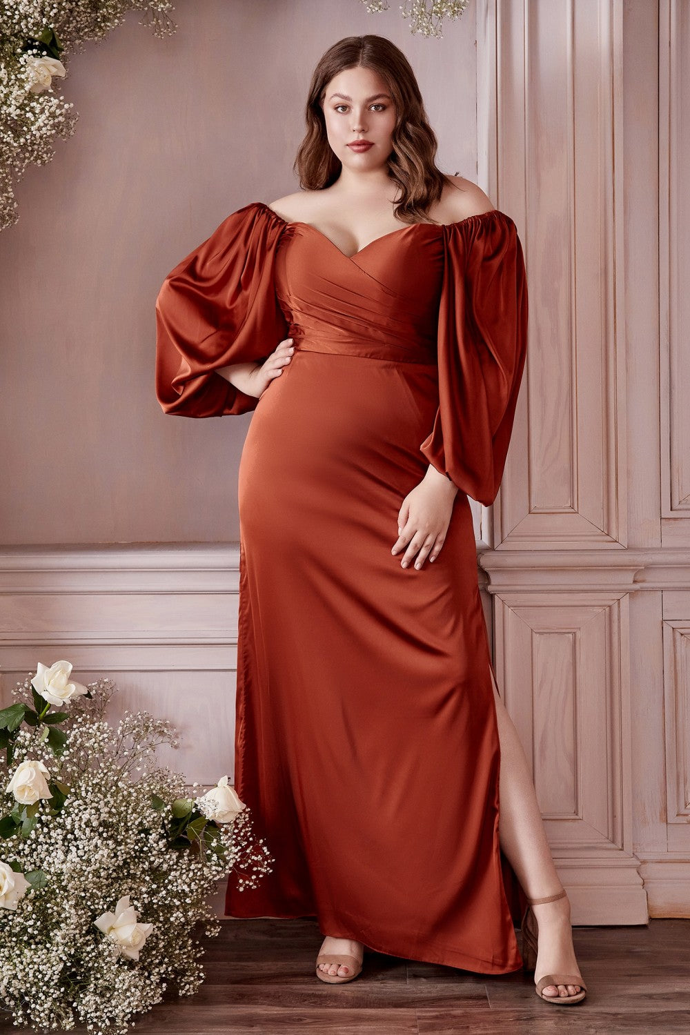 Soft Satin Long Sleeve Curve Dress By Cinderella Divine -7482C