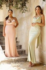 Fitted Satin Dress With Cowl Neckline And Tie Open Back by Cinderella Divine -7487