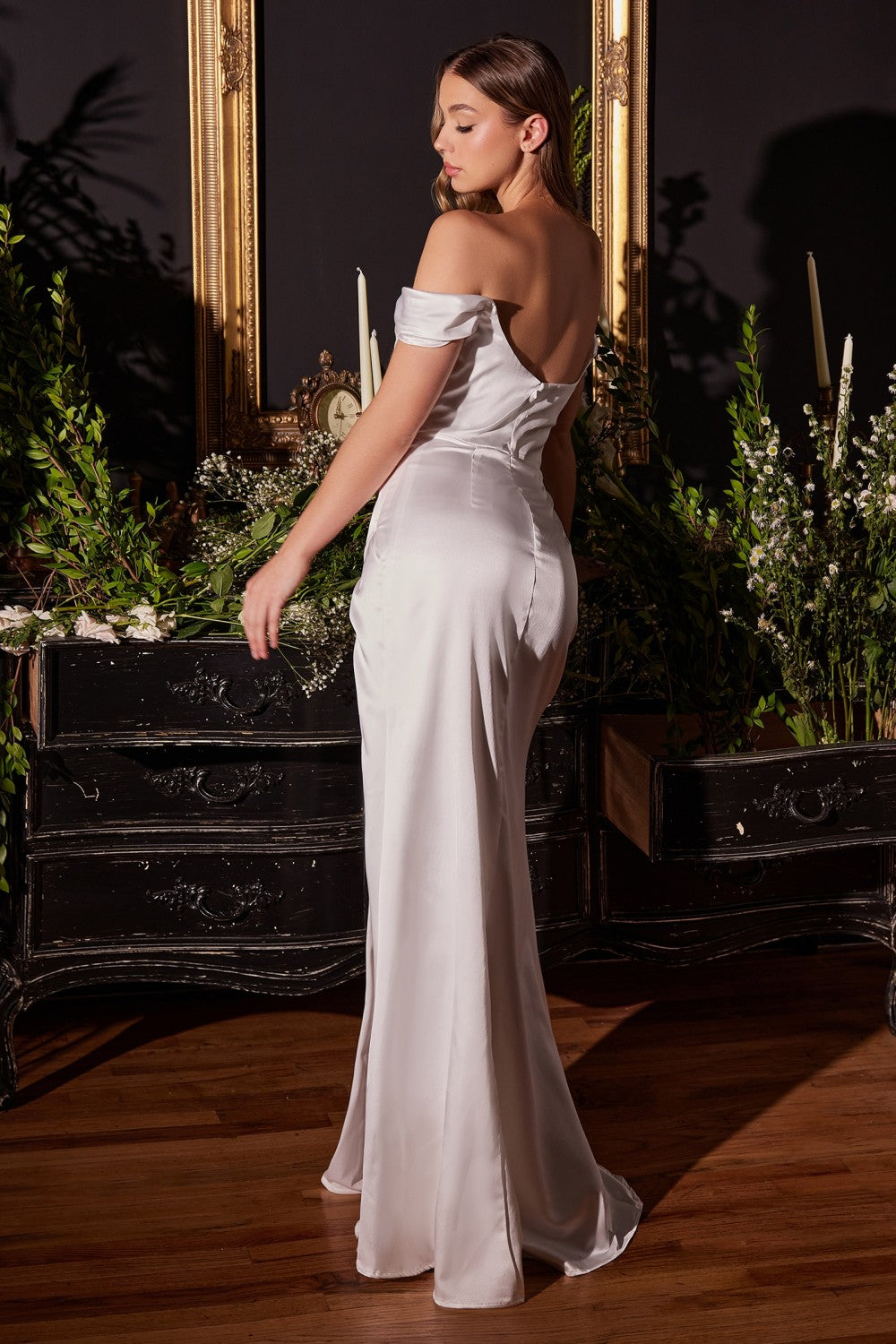 Satin Off The Shoulder Corset Off White Gown By Cinderella Divine -7492W
