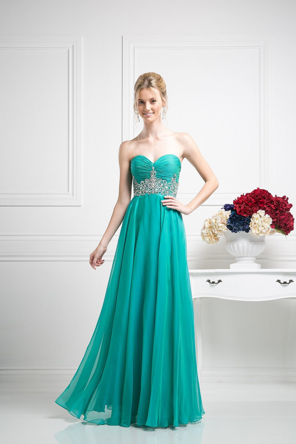 Beaded Chiffon Empire Waist Dress by Cinderella Divine -7664